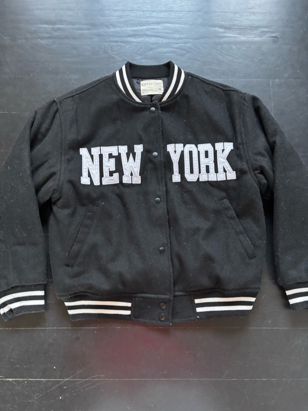 KHAKI and Blue,  Black NEW YORK Varsity Bomber Jacket, Size XS